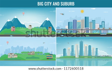 Modern city with suburban landscape. Building and architecture set. Modern city and suburb. Vector illustration