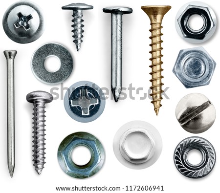 Various Screws and nuts, flat lay, top view, isolated on white background Royalty-Free Stock Photo #1172606941