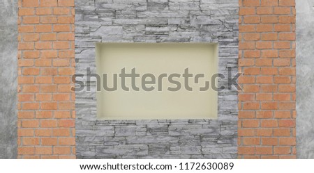 Empty shelves box in Stone bricks wall.  Red brick wall   and concrete wall. texture and background.