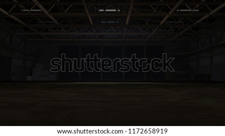 3d rendering of dark empty factory interior or empty warehouse Royalty-Free Stock Photo #1172658919