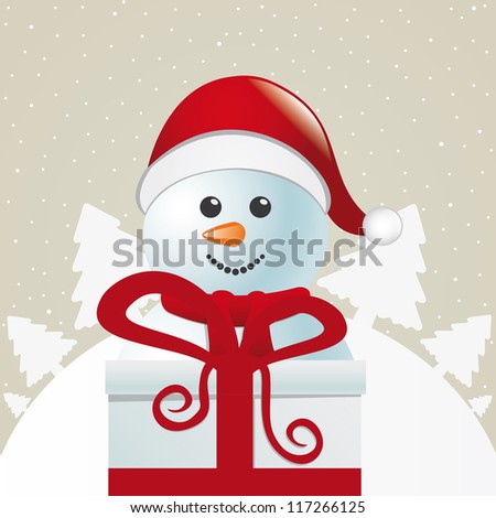 snowman behind gift box white winter landscape
