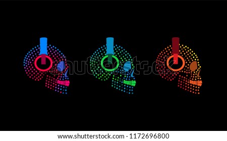 Skull icons with headphones, halftone neon color background