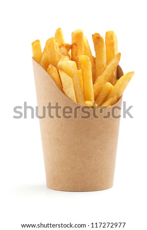 french fries in a paper wrapper on white background Royalty-Free Stock Photo #117272977