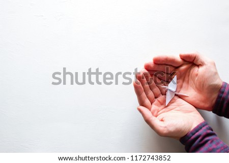man holding a crane of origami on a white background. world day of cranes concept