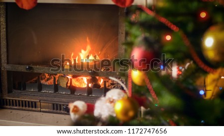 Closeup photo of burning fireplace in living room at house with decroated Christmas tree
