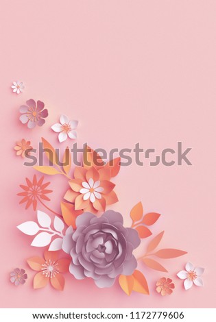 3d render, fall paper flowers, botanical arrangement, thanksgiving floral clip art, bouquet isolated on pink background, corner element, nursery wall decor, baby shower, peony, daisy, rose, leaves