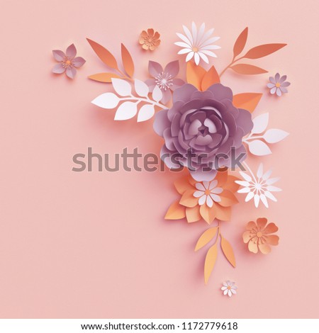 3d render, fall paper flowers, botanical arrangement, thanksgiving floral clip art, bouquet isolated on blush pink background, corner element, wall decor, baby shower, peony, daisy, rose, leaves