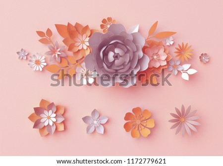 3d render, fall paper flowers, botanical design elements, autumn floral clip art set isolated on pastel pink background, nursery wall decor, rose, peony, daisy, leaves