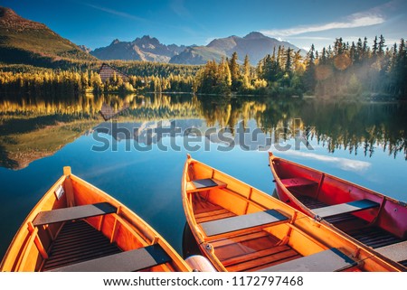 Sailing boat. Mountain landscape. Mountain lake. Outdoor recreation. Strbske pleso, Slovakia