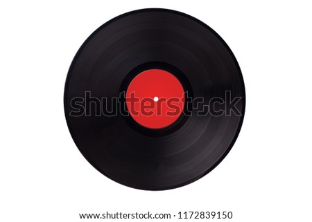 Vinyl vynil record play music vintage. Vinyl 33rpm record with red label. With clipping path.
