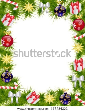 Christmas frame made of fir branches adorned with Christmas decorations, gifts, stars and candy