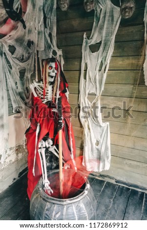 Decorations as symbols of Halloween. Halloween background. Skeleton.