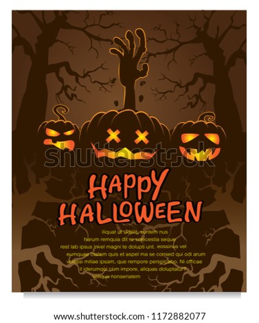 Halloween pumpkins on Castle. The cemetery in the dark night Halloween Horror party advertising concept. theme design vector illustration
