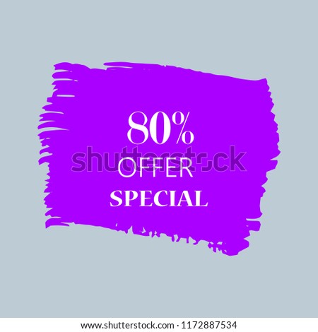 80% special offer sign over art purple brush acrylic stroke paint abstract texture background vector illustration. Acrylic paint brush stroke. Grunge ink brush stroke. Offer layout design for shop.