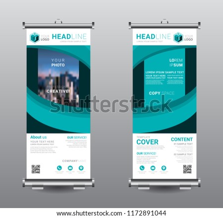 Roll up blue banner standee business brochure template design. Exhibition advertising presentation abstract geometric background, Cover modern flag, Flat style vector illustration artwork rectangle size.