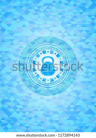 kettlebell icon inside sky blue emblem. Mosaic background