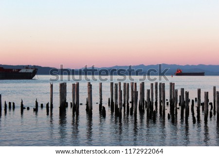Sunset at coast picturing posts in water with cargo ships sailing