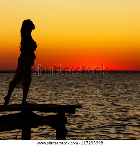 beautiful girl standing on a bridge at sunset ,silhuette