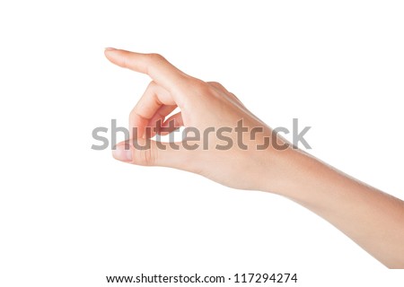 Woman hand touching virtual screen isolated on white background Royalty-Free Stock Photo #117294274