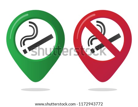 No smoking and smoking area marker map pin icon sign set with flat design gradient styled cigarette in the forbidden red circle. Symbol of the smoking area in the map apps isolated on white background