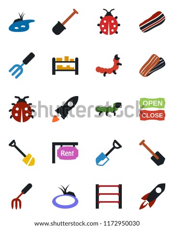 Color and black flat icon set - job vector, garden fork, shovel, lady bug, caterpillar, pond, rack, rent, bacon, open close, rocket