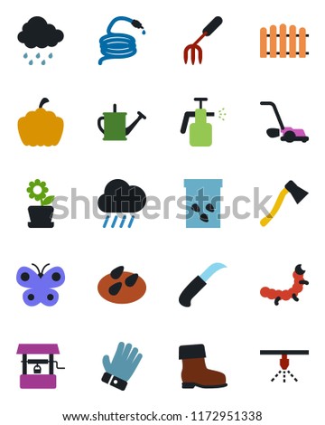 Color and black flat icon set - garden fork vector, fence, watering can, glove, boot, lawn mower, butterfly, rain, well, hose, knife, axe, pumpkin, seeds, caterpillar, sprayer, flower in pot