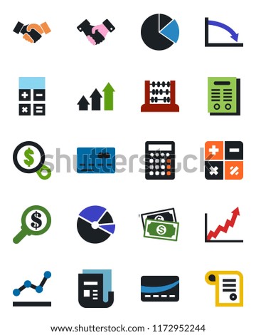 Color and black flat icon set - credit card vector, handshake, calculator, abacus, cash, news, pie graph, point, contract, arrow up, growth, crisis, money search