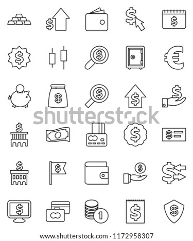thin line vector icon set - exchange vector, japanese candle, credit card, wallet, cash, piggy bank, investment, dollar growth, coin stack, building, money search, medal, flag, safe, calendar, bag