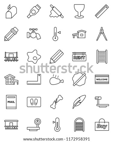 thin line vector icon set - water tap vector, splotch, welcome mat, washboard, rolling pin, thermometer, chicken leg, pen, pencil, corner ruler, drawing compass, Railway carriage, glass, big scales