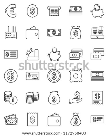 thin line vector icon set - dollar coin vector, credit card, wallet, cash, money bag, piggy bank, investment, stack, check, receipt, shield, any currency, euro sign, cashbox Royalty-Free Stock Photo #1172958403