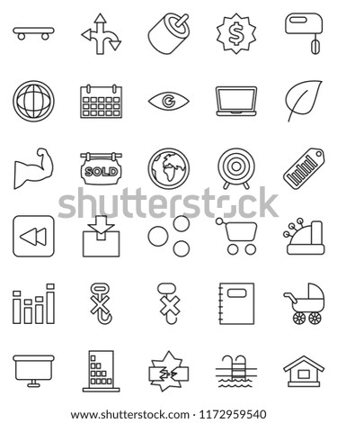 thin line vector icon set - copybook vector, world, leaf, presentation board, dollar medal, muscule hand, skateboard, target, calendar, pool, route, earth, no hook, package, barcode, equalizer, rca