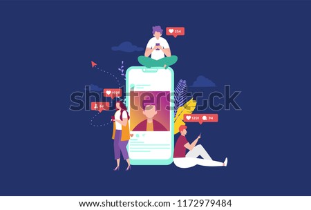 happy people on social media concept illustration, can use for, landing page, template, ui, web, mobile app, poster, banner, flyer  Royalty-Free Stock Photo #1172979484