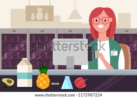 Cashier in the supermarket works at the cash register with a credit card. Vector cartoon flat illustration of a woman character in a store.