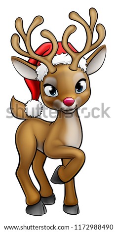 A red nosed Christmas reindeer cartoon character wearing a Santa Claus hat