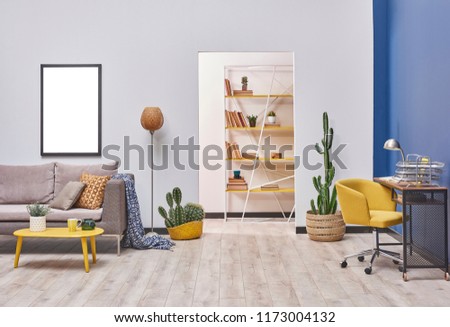 Modern home working and studying living room. empty area for carpet and decorative home styling.