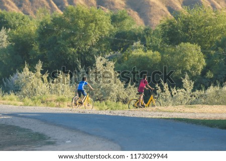 Children on yellow bicycles on the background of trees