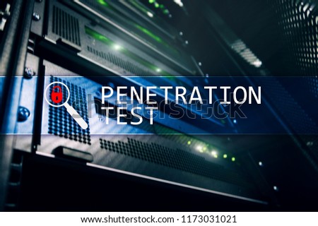 Penetration test. Cybersecurity and data protection. Hacker attack prevention. Futuristic  server room on background. Royalty-Free Stock Photo #1173031021