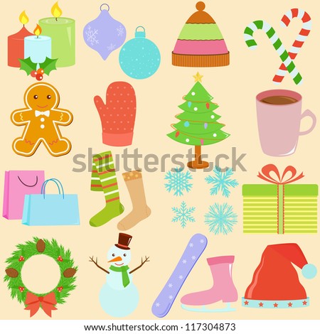 Vector of Winter season, Christmas theme in pastel color, candle, hat, candy cane, gingerbread, shopping bag, present, wreath, snowman. A set of cute and colorful icon collection on cream background