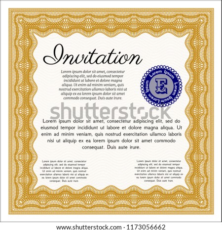 Orange Invitation template. With great quality guilloche pattern. Detailed. Cordial design. 