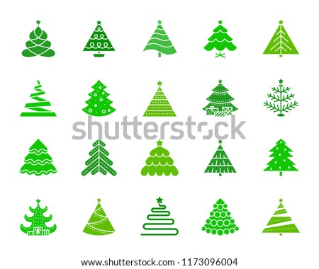 Christmas Tree silhouette icons set. Isolated web sign kit of stylized spruce. Fir Farm pictograms includes star decoration, magic holiday, artificial snow. Simple christmas tree symbol. Vector Icon