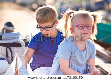 Children with down syndrome in marine decor