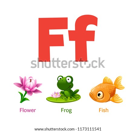Cute children ABC animal alphabet flashcard words with the letter F for kids learning English vocabulary.