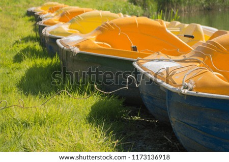 A row of old yellow boats on the grass on a sunny day. Nice and bright picture of a tourist water transport for leisure. Colorful background. 
