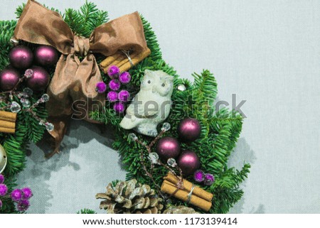 Christmas wreath with decorations background