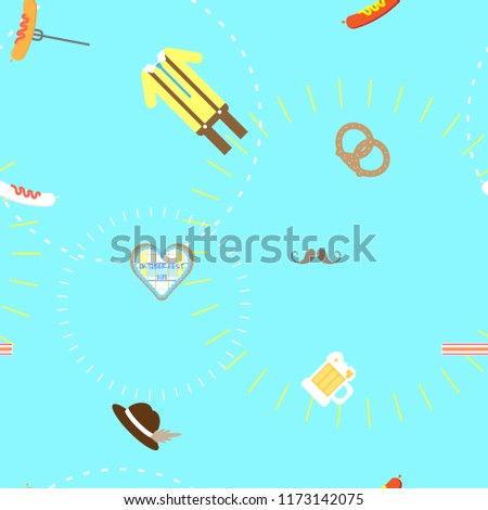 seamless oktoberfest with sausage,pretzel,hat,cookies,man overalls,beer,beard,bacon repeat pattern in blue background flat vector illustration design
