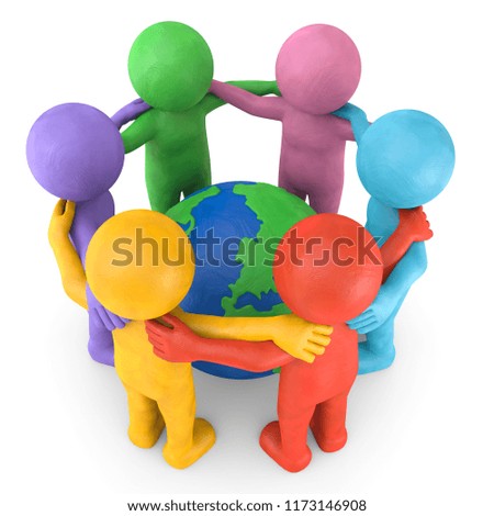 3D illustration of colorful plasticine males in circle and earth globe