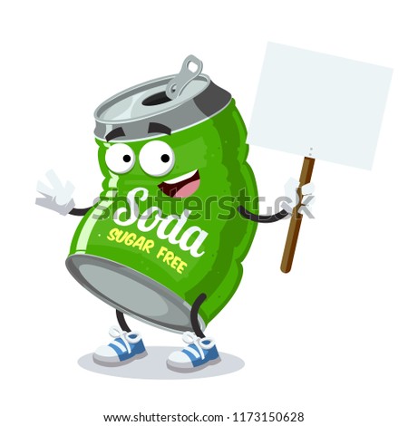 cartoon joyful can of sugar free soda mascot with tablet in hand on white background