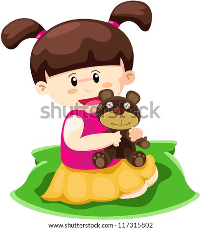 illustration of isolated girl playing doll on white