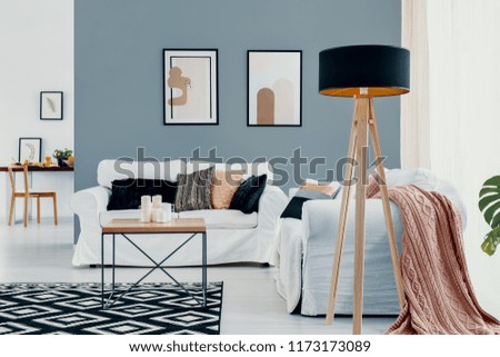 Lamp next to white couch with pink blanket in blue living room interior with posters. Real photo