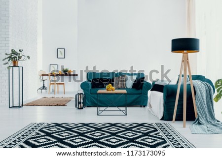 Patterned carpet and plant in white apartment interior with lamp and marble green sofa. Real photo